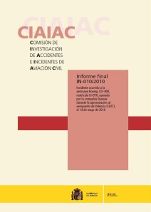Portada del informe de la CIAIAC del incidente producido en Valencia en 2010